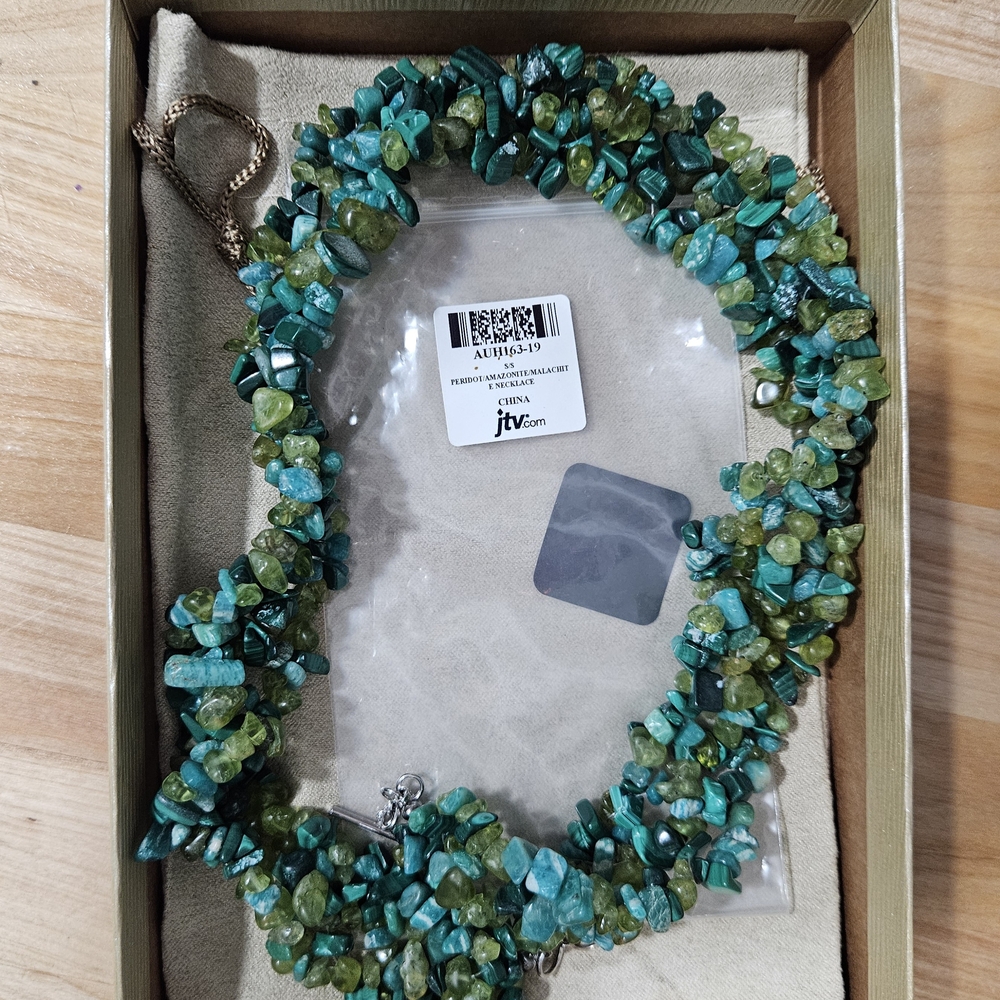 Vintage Peridot, Amazonite And Malachite Beaded Necklace Approx 17"